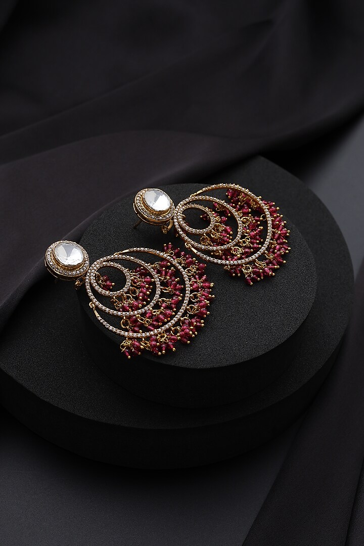 Gold Finish Red Kundan Polki Chandbali Earrings by Swabhimann Jewellery at Pernia's Pop Up Shop