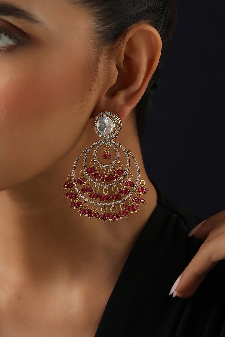 Gold Finish Red Kundan Polki Chandbali Earrings by Swabhimann Jewellery at Pernia's Pop Up Shop