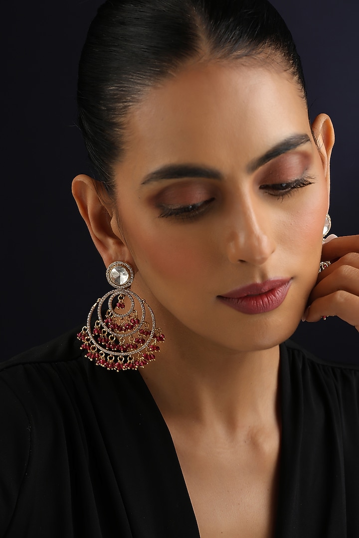 Gold Finish Red Kundan Polki Chandbali Earrings by Swabhimann Jewellery at Pernia's Pop Up Shop