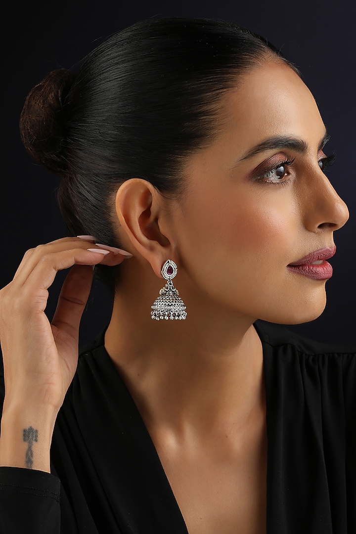 White Finish Red Kundan Polki Jhumka Earrings by Swabhimann Jewellery at Pernia's Pop Up Shop