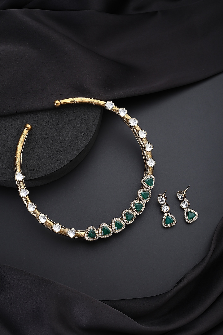 Gold Finish Green Kundan Polki Hasli Necklace Set by Swabhimann Jewellery at Pernia's Pop Up Shop