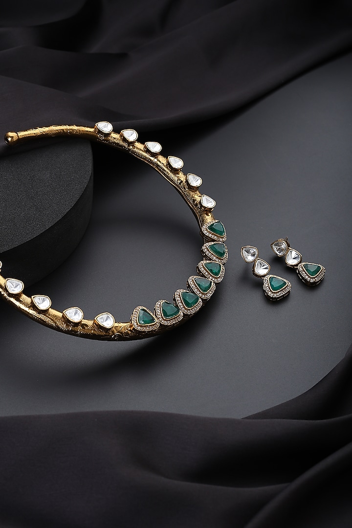 Gold Finish Green Kundan Polki Hasli Necklace Set by Swabhimann Jewellery at Pernia's Pop Up Shop