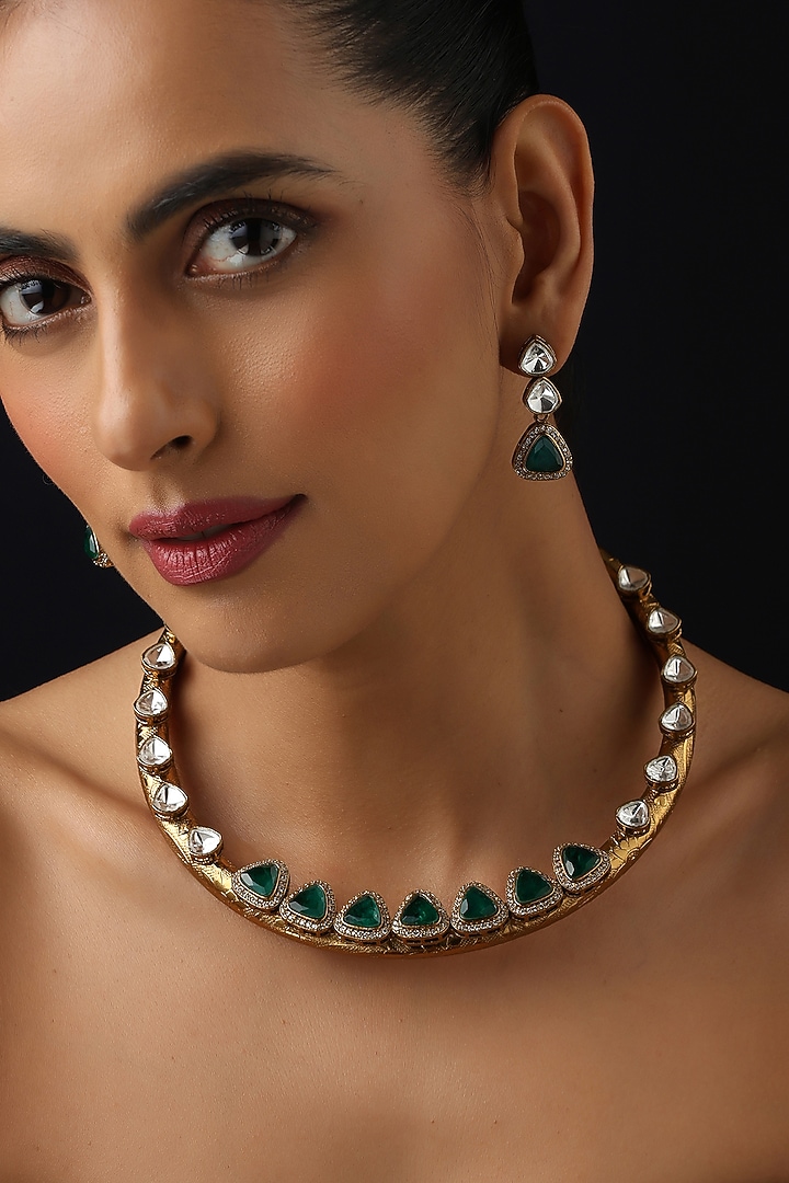 Gold Finish Green Kundan Polki Hasli Necklace Set by Swabhimann Jewellery at Pernia's Pop Up Shop