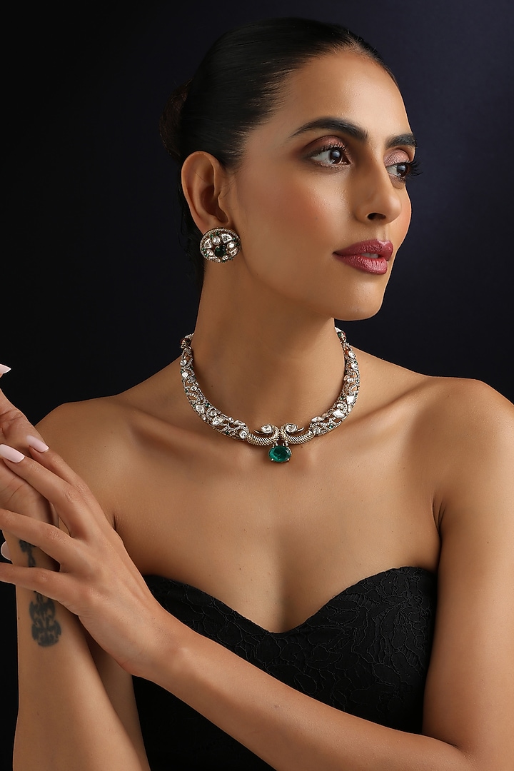 Gold Finish Green Kundan Polki Hasli Necklace Set by Swabhimann Jewellery at Pernia's Pop Up Shop