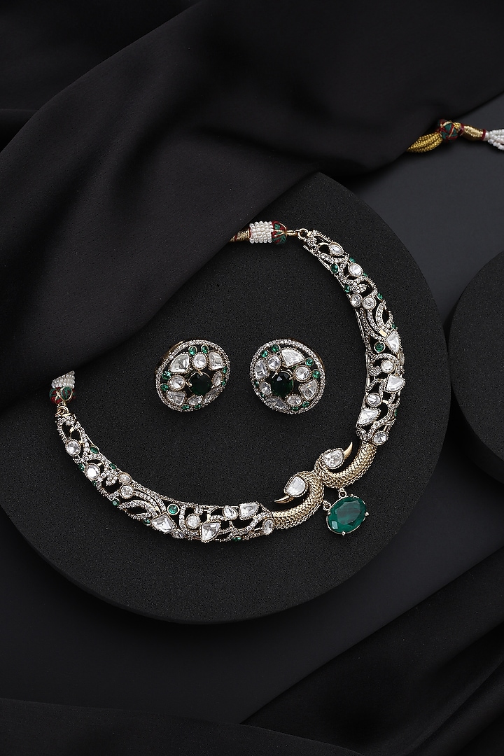 Gold Finish Green Kundan Polki Hasli Necklace Set by Swabhimann Jewellery at Pernia's Pop Up Shop