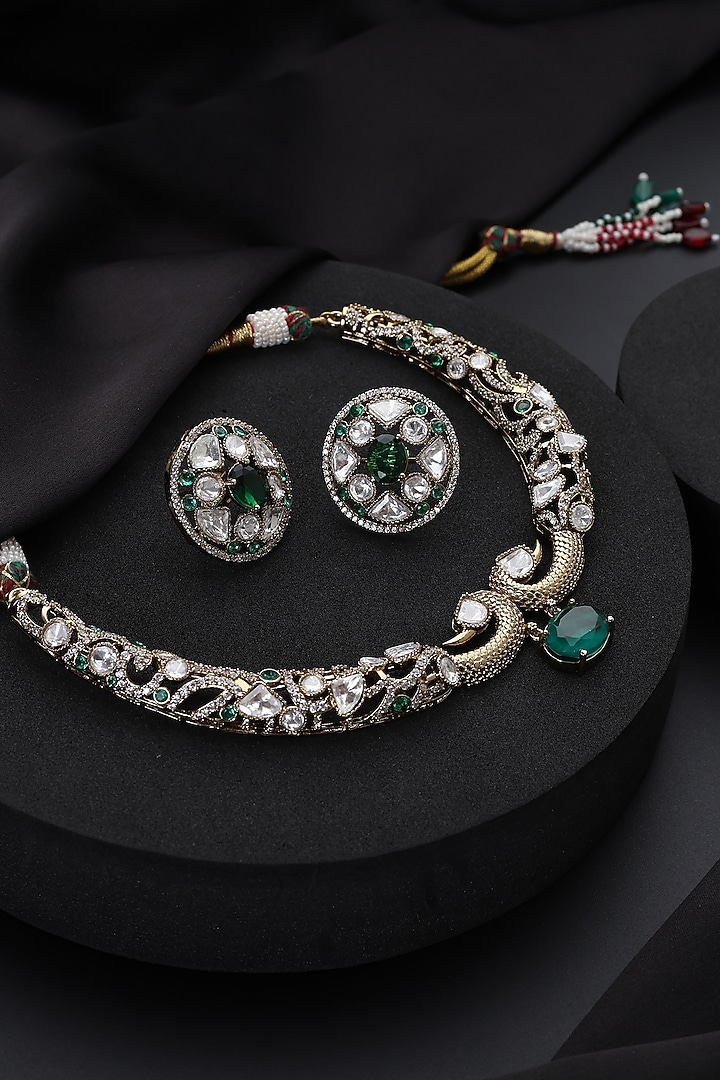Gold Finish Green Kundan Polki Hasli Necklace Set by Swabhimann Jewellery at Pernia's Pop Up Shop