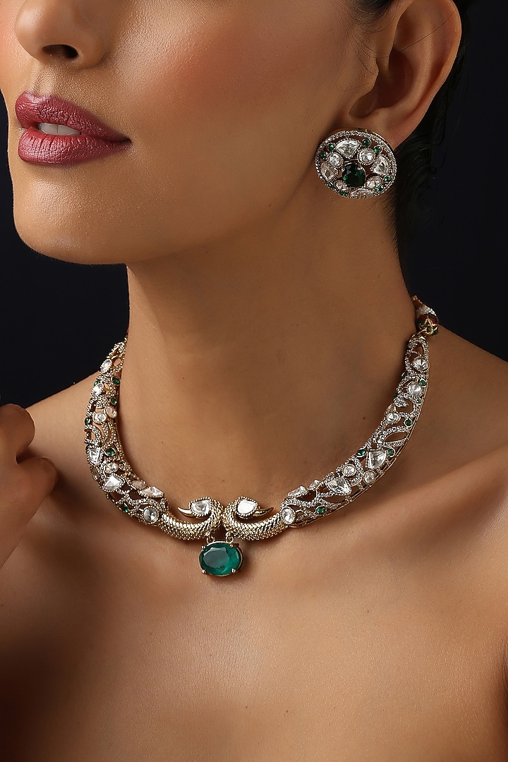 Gold Finish Green Kundan Polki Hasli Necklace Set by Swabhimann Jewellery at Pernia's Pop Up Shop