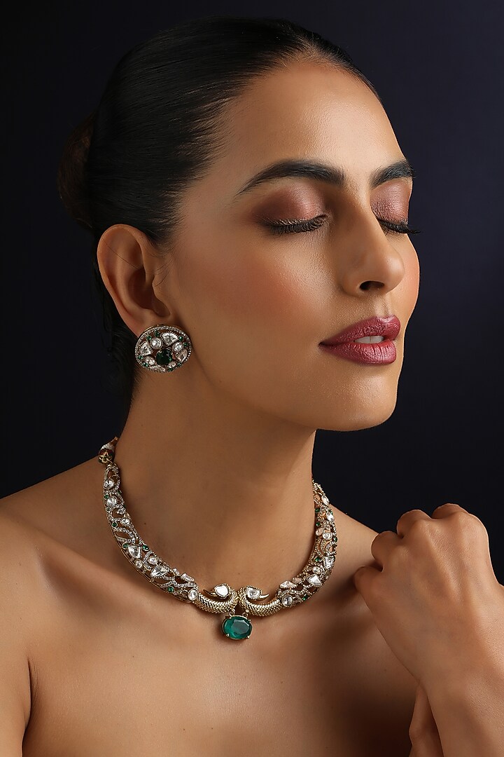 Gold Finish Green Kundan Polki Hasli Necklace Set by Swabhimann Jewellery at Pernia's Pop Up Shop