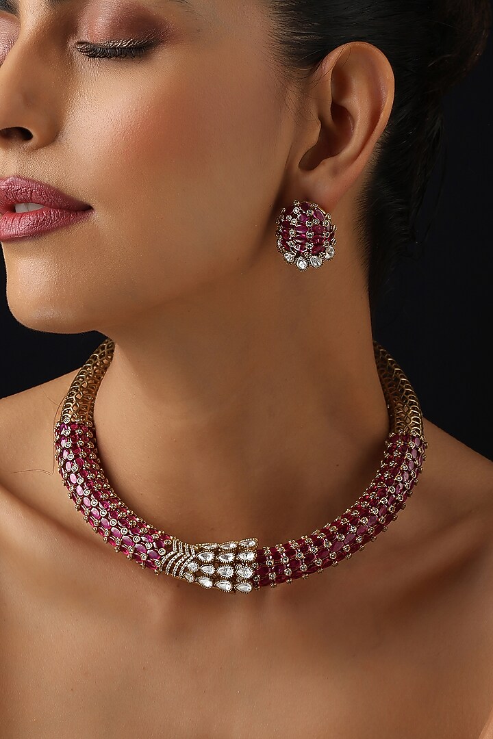 Gold Finish Red Kundan Polki Hasli Necklace Set by Swabhimann Jewellery at Pernia's Pop Up Shop