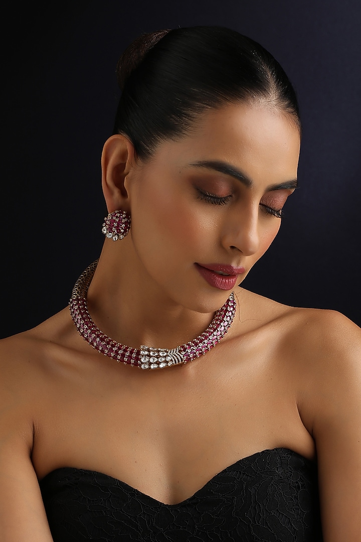 Gold Finish Red Kundan Polki Hasli Necklace Set by Swabhimann Jewellery at Pernia's Pop Up Shop