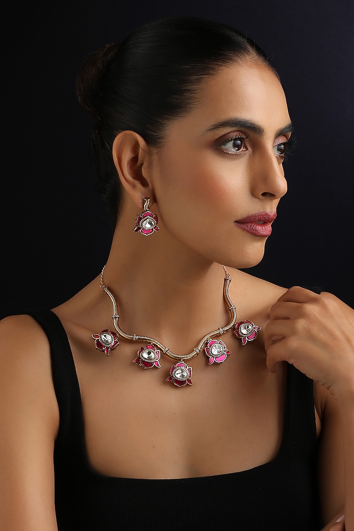 Gold Finish Ruby & Kundan Polki Hasli Necklace Set by Swabhimann Jewellery at Pernia's Pop Up Shop
