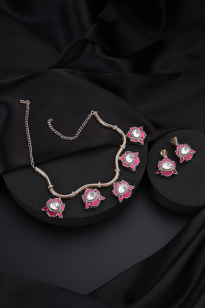 Gold Finish Ruby & Kundan Polki Hasli Necklace Set by Swabhimann Jewellery at Pernia's Pop Up Shop
