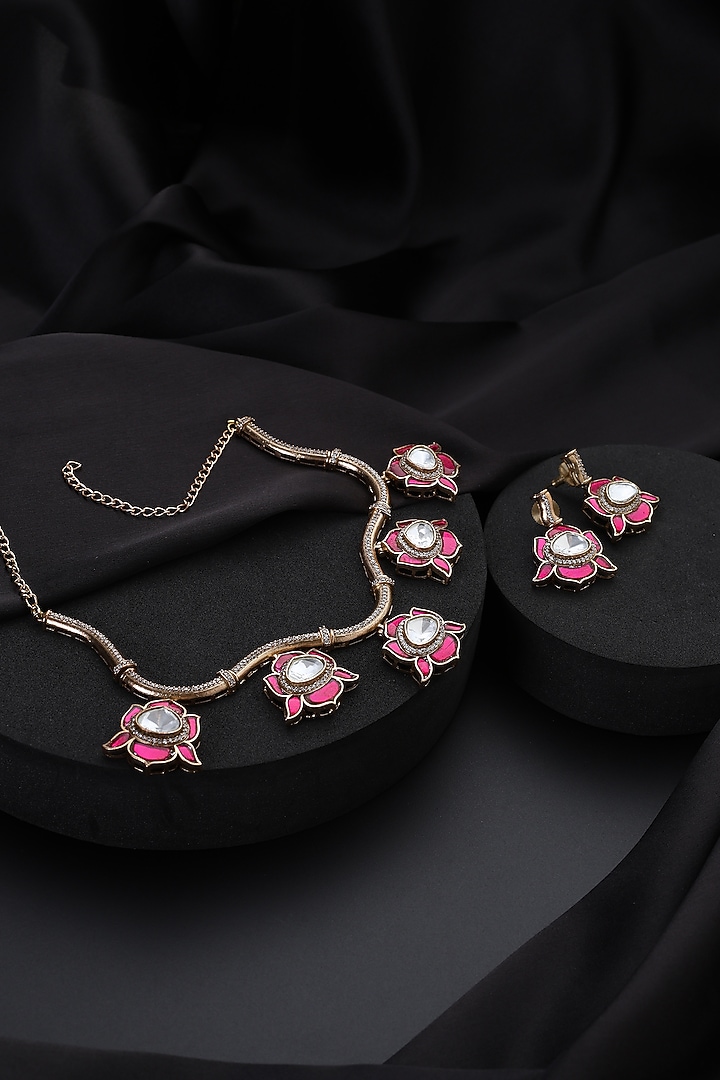 Gold Finish Ruby & Kundan Polki Hasli Necklace Set by Swabhimann Jewellery at Pernia's Pop Up Shop