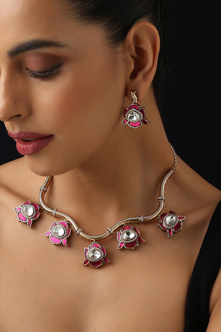 Gold Finish Ruby & Kundan Polki Hasli Necklace Set by Swabhimann Jewellery at Pernia's Pop Up Shop