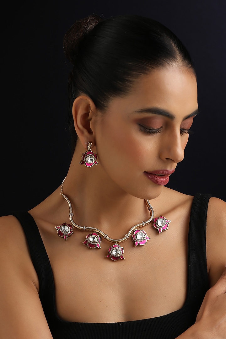 Gold Finish Ruby & Kundan Polki Hasli Necklace Set by Swabhimann Jewellery at Pernia's Pop Up Shop