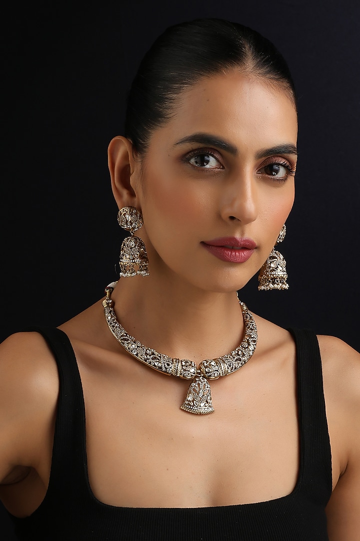 Gold Finish Victorian Kundan Polki Hasli Necklace Set by Swabhimann Jewellery at Pernia's Pop Up Shop