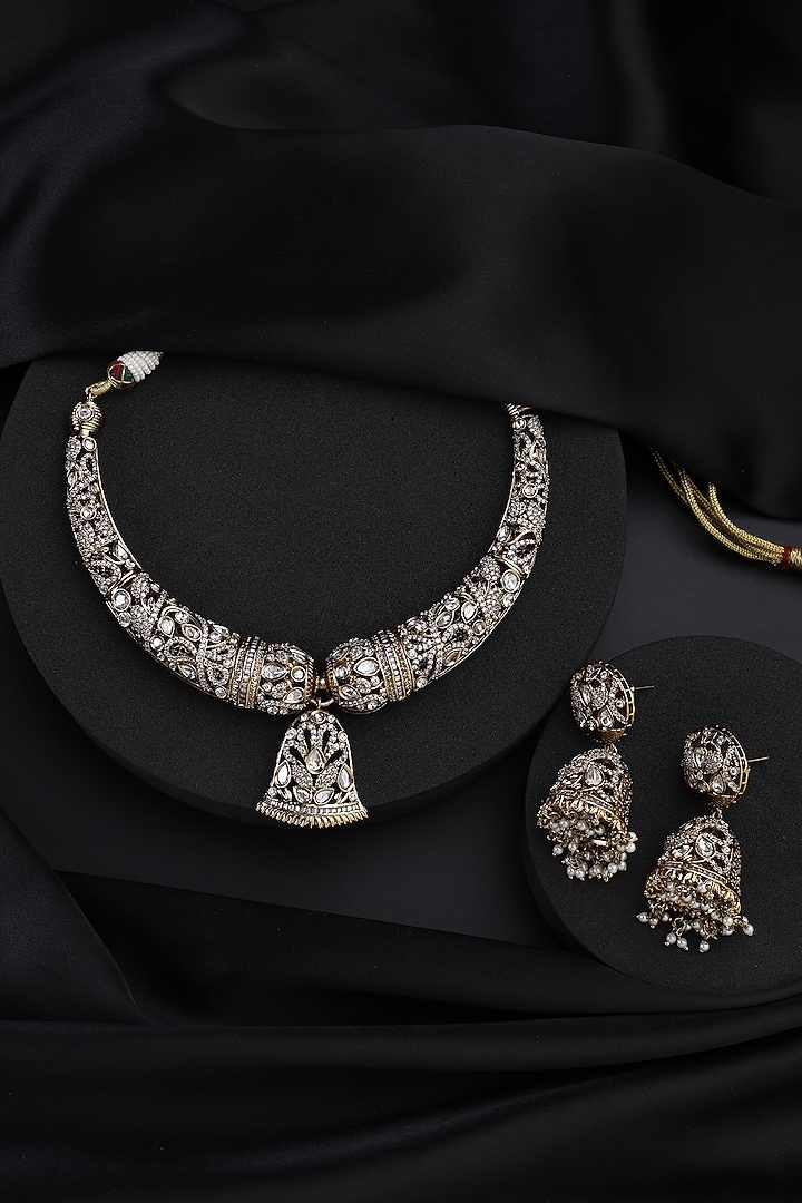 Gold Finish Victorian Kundan Polki Hasli Necklace Set by Swabhimann Jewellery at Pernia's Pop Up Shop