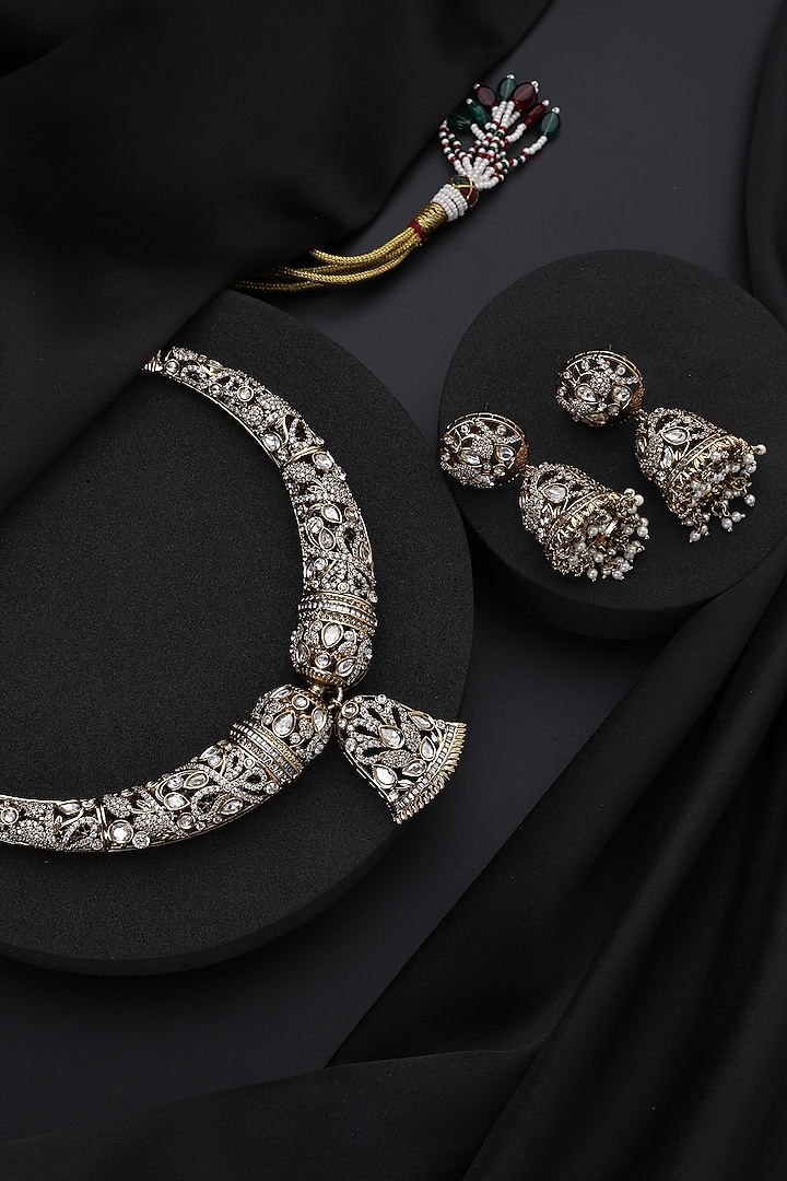Gold Finish Victorian Kundan Polki Hasli Necklace Set by Swabhimann Jewellery at Pernia's Pop Up Shop