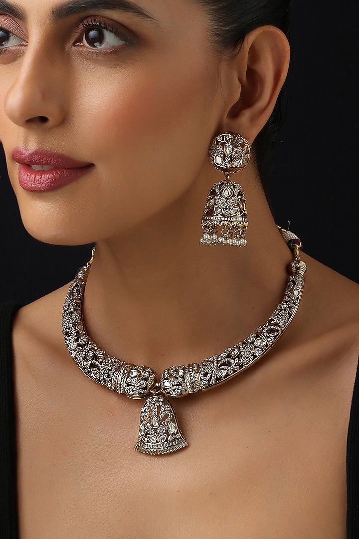 Gold Finish Victorian Kundan Polki Hasli Necklace Set by Swabhimann Jewellery at Pernia's Pop Up Shop