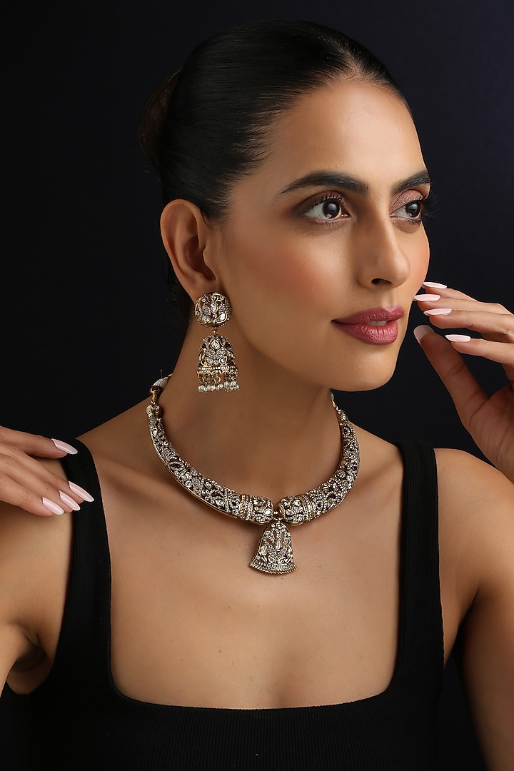 Gold Finish Victorian Kundan Polki Hasli Necklace Set by Swabhimann Jewellery at Pernia's Pop Up Shop