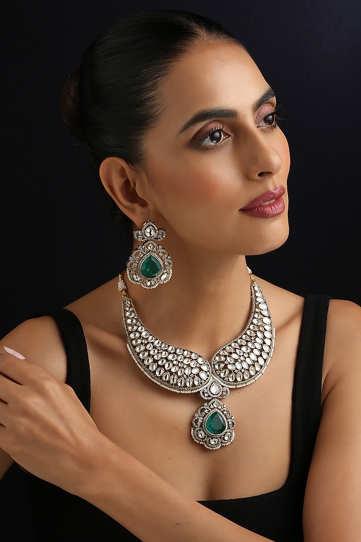 Gold Finish Kundan Polki & Emerald Necklace Set by Swabhimann Jewellery at Pernia's Pop Up Shop