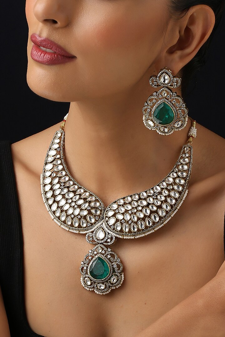 Gold Finish Kundan Polki & Emerald Necklace Set by Swabhimann Jewellery at Pernia's Pop Up Shop