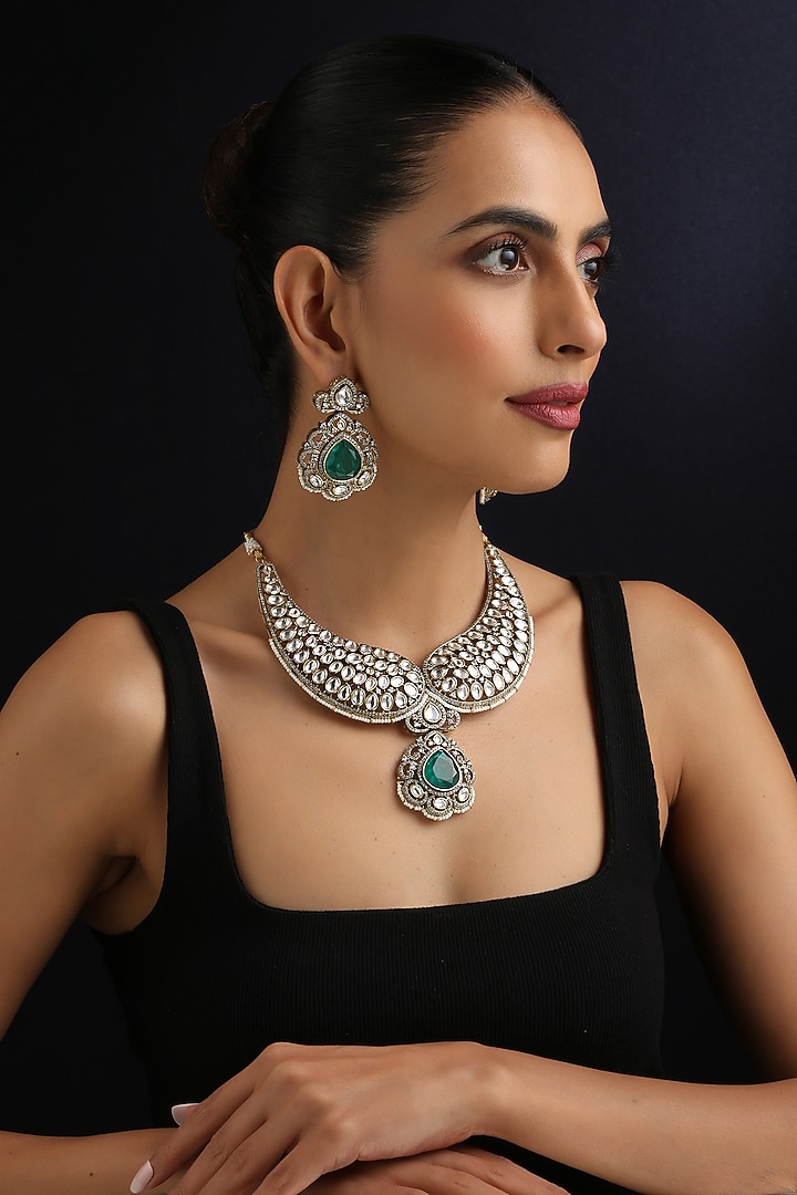 Gold Finish Kundan Polki & Emerald Necklace Set by Swabhimann Jewellery at Pernia's Pop Up Shop