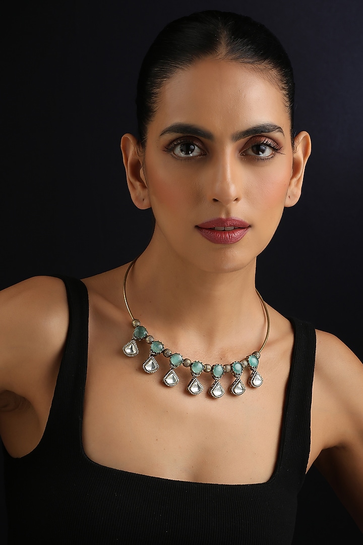 Gold Finish Kundan Polki & Mint Stone Hasli Necklace by Swabhimann Jewellery at Pernia's Pop Up Shop