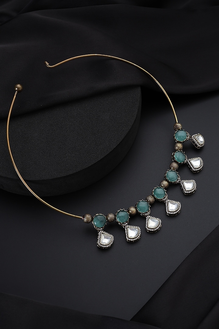 Gold Finish Kundan Polki & Mint Stone Hasli Necklace by Swabhimann Jewellery at Pernia's Pop Up Shop