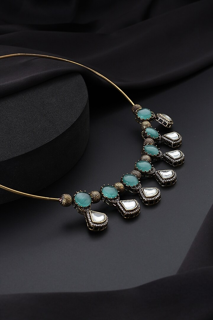 Gold Finish Kundan Polki & Mint Stone Hasli Necklace by Swabhimann Jewellery at Pernia's Pop Up Shop