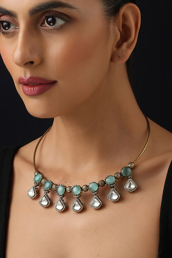 Gold Finish Kundan Polki & Mint Stone Hasli Necklace by Swabhimann Jewellery at Pernia's Pop Up Shop