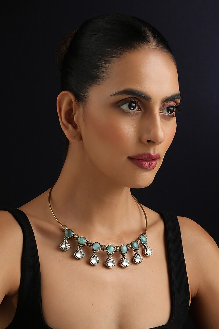 Gold Finish Kundan Polki & Mint Stone Hasli Necklace by Swabhimann Jewellery at Pernia's Pop Up Shop