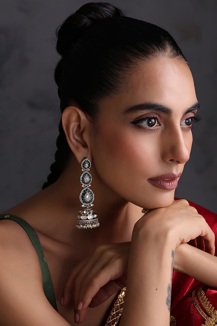 Gold Finish Green Kundan Polki Handcrafted Jhumka Earrings by Swabhimann Jewellery at Pernia's Pop Up Shop