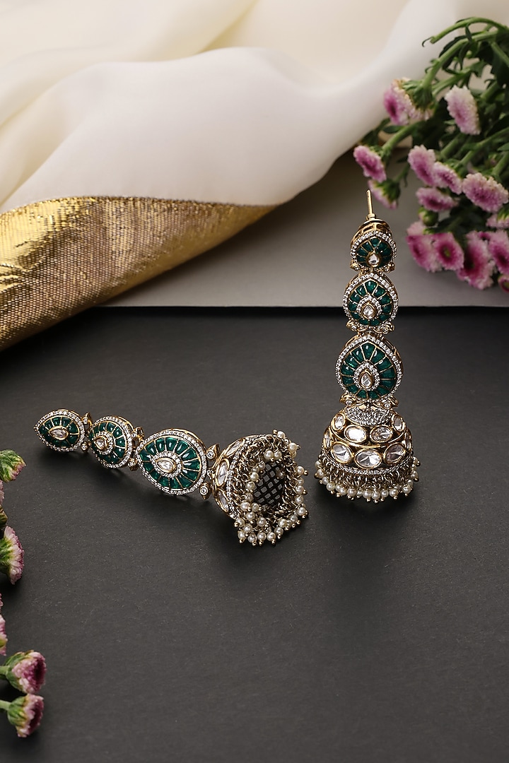 Gold Finish Green Kundan Polki Handcrafted Jhumka Earrings by Swabhimann Jewellery at Pernia's Pop Up Shop