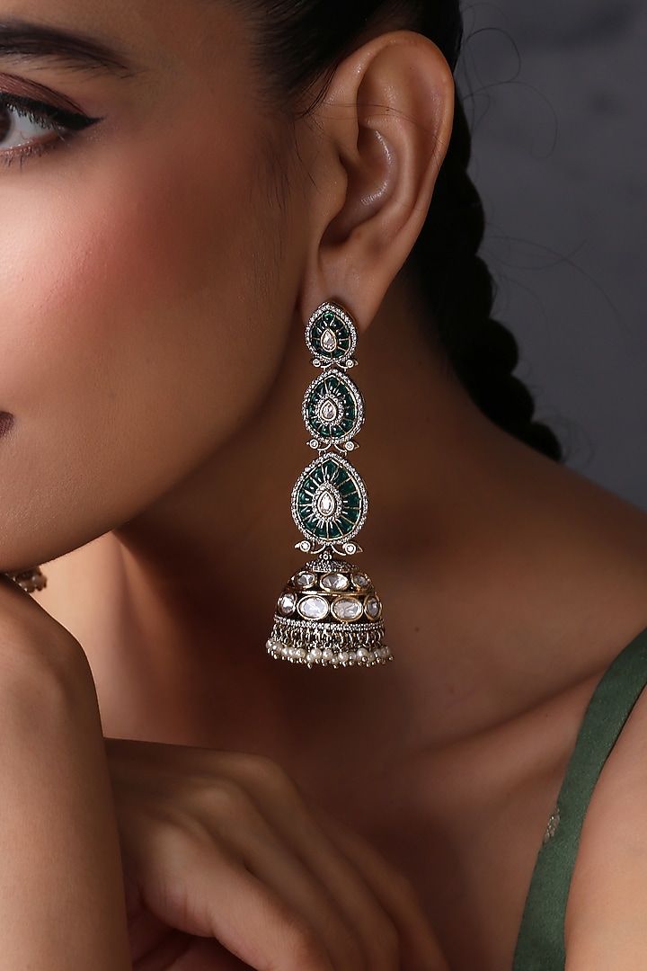 Gold Finish Green Kundan Polki Handcrafted Jhumka Earrings by Swabhimann Jewellery at Pernia's Pop Up Shop
