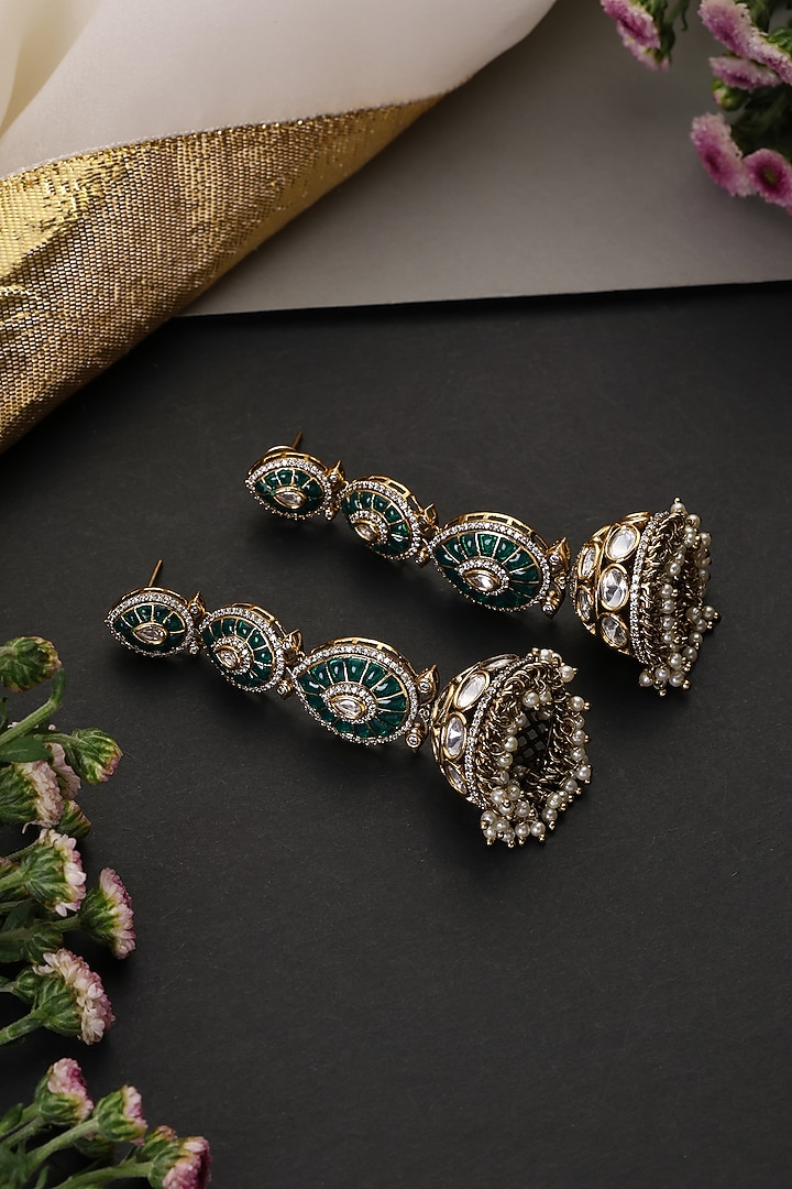Gold Finish Green Kundan Polki Handcrafted Jhumka Earrings by Swabhimann Jewellery at Pernia's Pop Up Shop