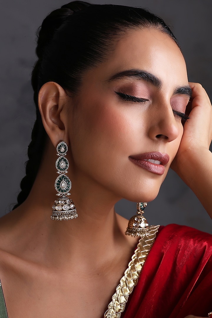 Gold Finish Green Kundan Polki Handcrafted Jhumka Earrings by Swabhimann Jewellery at Pernia's Pop Up Shop