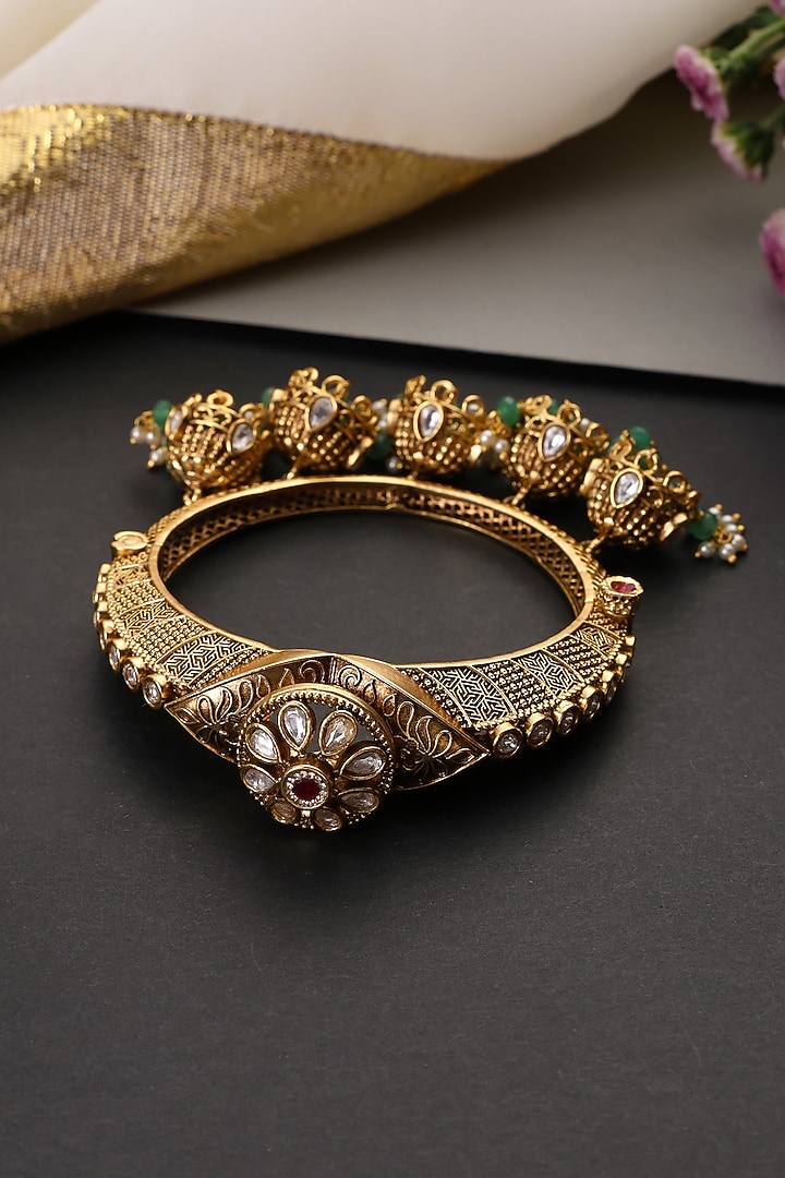 Gold Finish Green Kundan Polki Handcrafted Kada by Swabhimann Jewellery at Pernia's Pop Up Shop