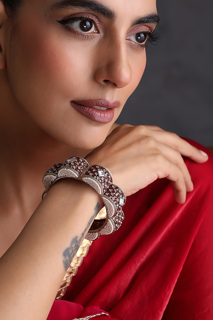 Gold Finish Red Kundan Polki Handcrafted Kada by Swabhimann Jewellery at Pernia's Pop Up Shop