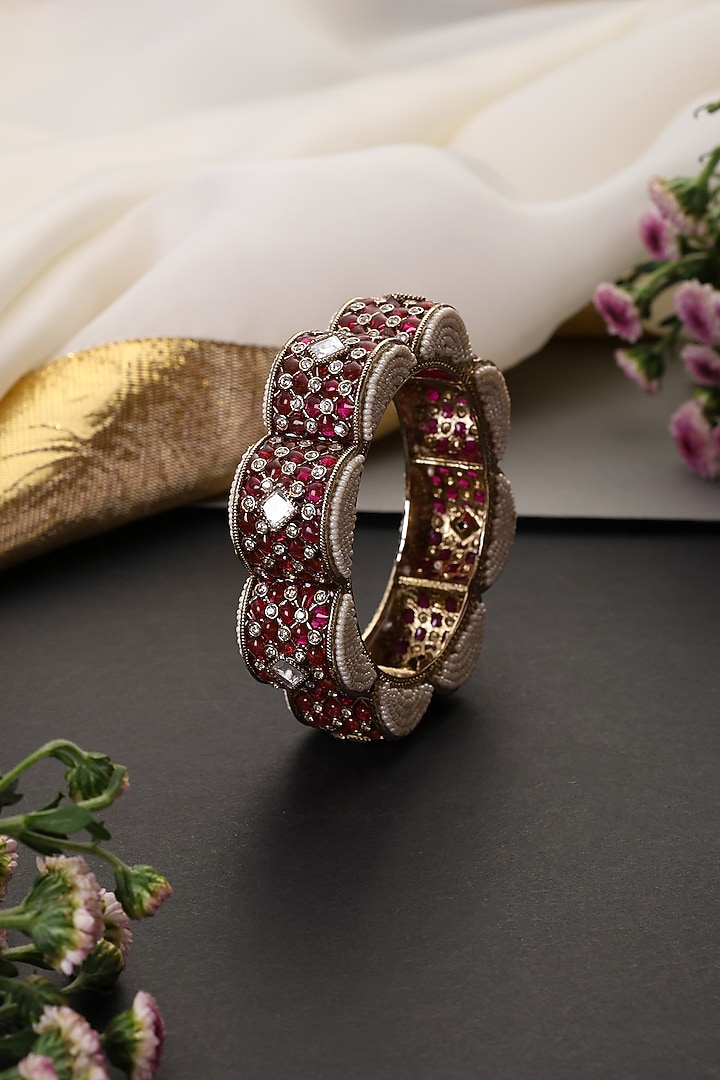 Gold Finish Red Kundan Polki Handcrafted Kada by Swabhimann Jewellery at Pernia's Pop Up Shop