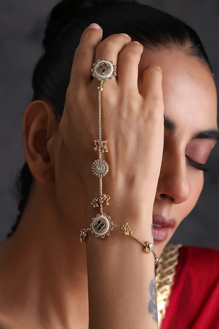Gold Finish Multi-Colored Kundan Polki Handcrafted Haathphool by Swabhimann Jewellery at Pernia's Pop Up Shop