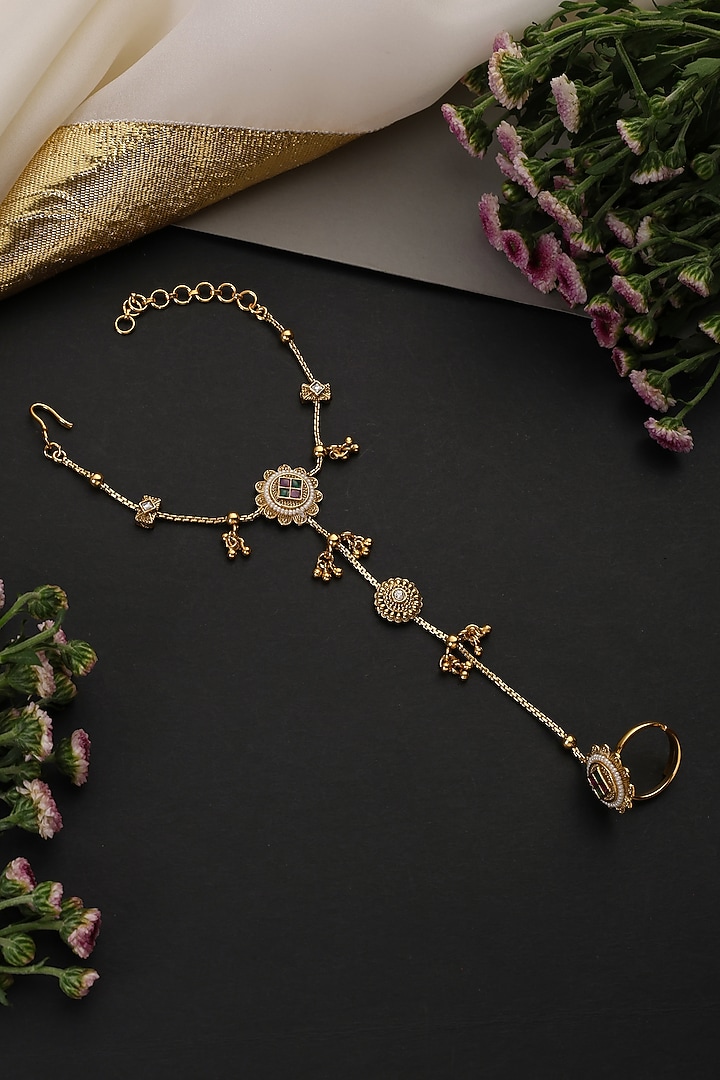 Gold Finish Multi-Colored Kundan Polki Handcrafted Haathphool by Swabhimann Jewellery at Pernia's Pop Up Shop