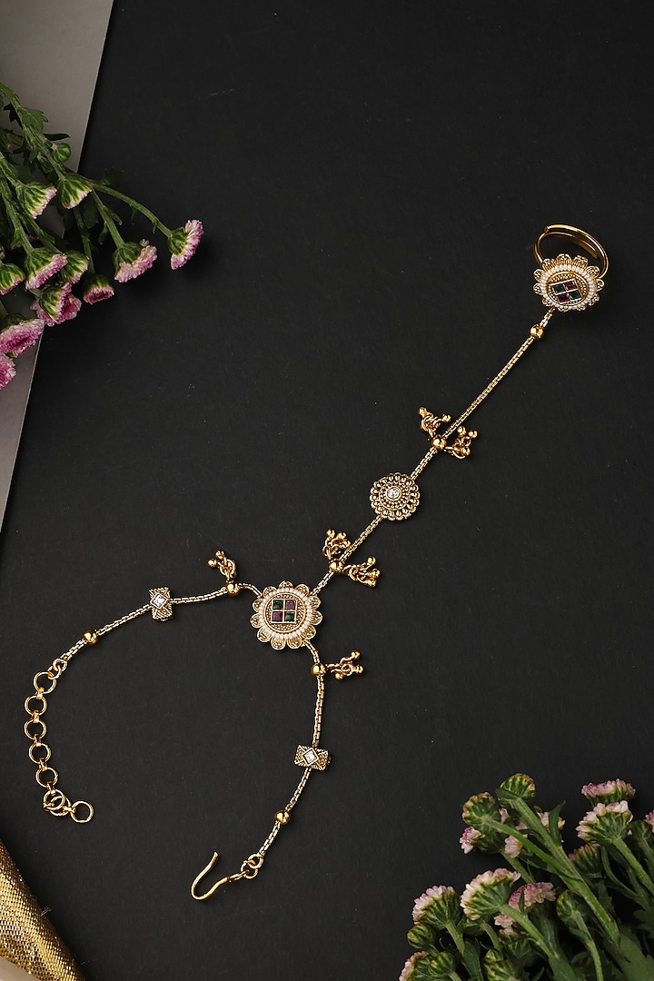 Gold Finish Multi-Colored Kundan Polki Handcrafted Haathphool by Swabhimann Jewellery at Pernia's Pop Up Shop