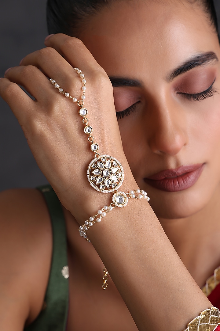 Gold Finish Kundan Polki Handcrafted Haathphool by Swabhimann Jewellery at Pernia's Pop Up Shop