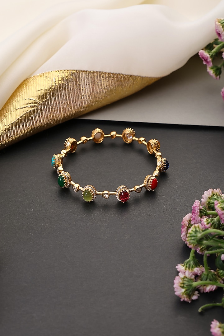 Gold Finish Multi-Colored Kundan Polki Handcrafted Bangle by Swabhimann Jewellery at Pernia's Pop Up Shop