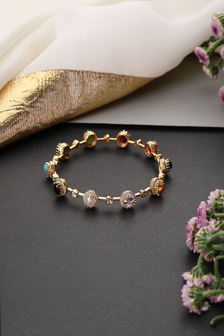 Gold Finish Multi-Colored Kundan Polki Handcrafted Bangle by Swabhimann Jewellery at Pernia's Pop Up Shop