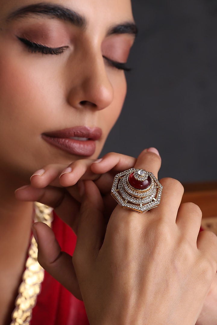 Gold Finish Kundan Polki & Ruby Stone Handcrafted Adjustable Ring by Swabhimann Jewellery at Pernia's Pop Up Shop