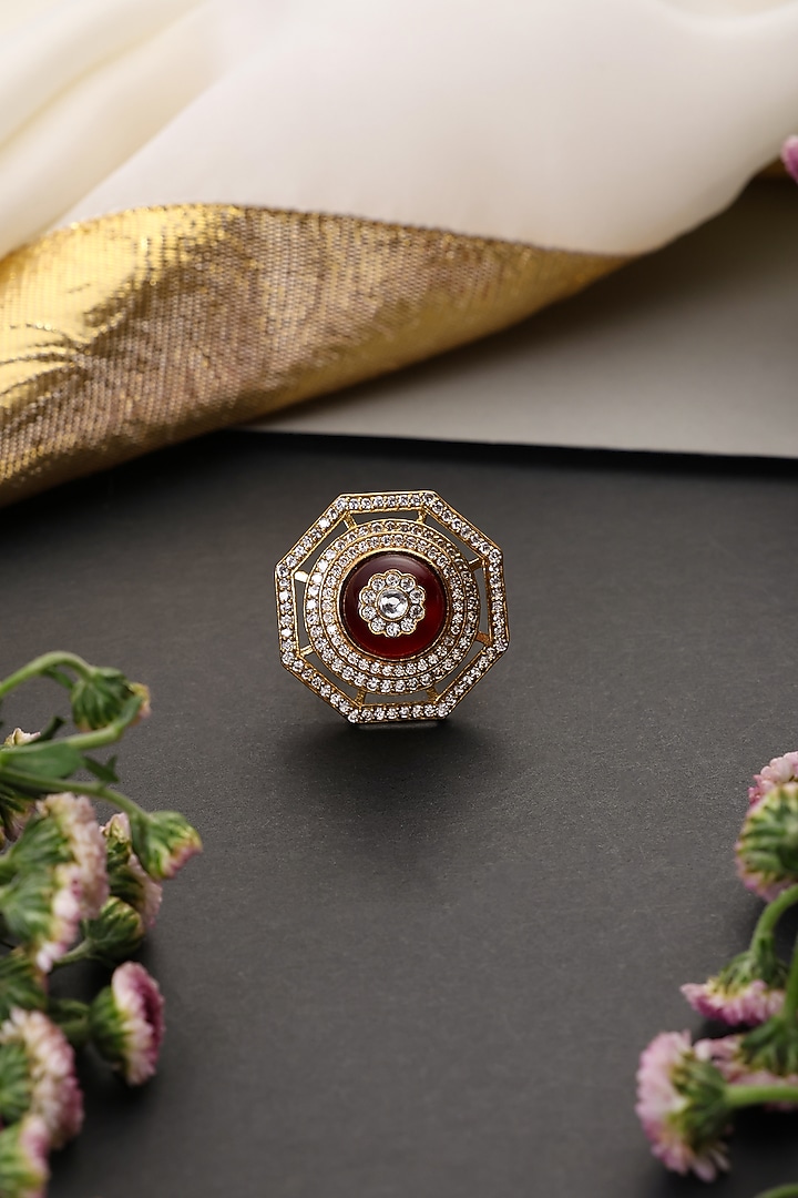 Gold Finish Kundan Polki & Ruby Stone Handcrafted Adjustable Ring by Swabhimann Jewellery at Pernia's Pop Up Shop