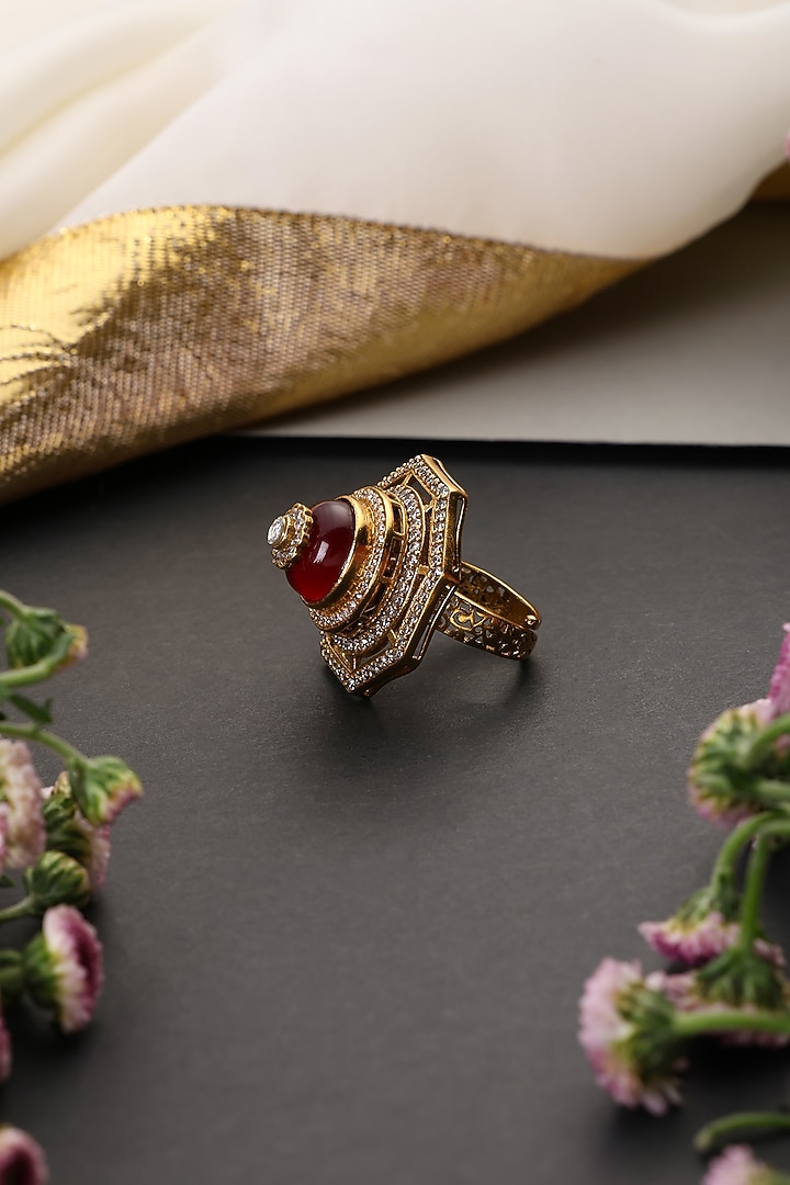 Gold Finish Kundan Polki & Ruby Stone Handcrafted Adjustable Ring by Swabhimann Jewellery at Pernia's Pop Up Shop