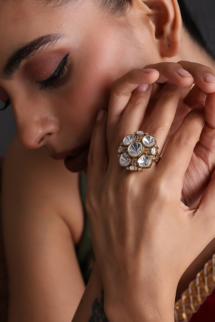 Gold Finish Kundan Polki Handcrafted Adjustable Ring by Swabhimann Jewellery at Pernia's Pop Up Shop